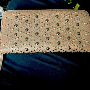 NEW DESIGN STUDIO MMS Taupe LEATHERETTE WRISTLET CLUTCH with STUDS brand new